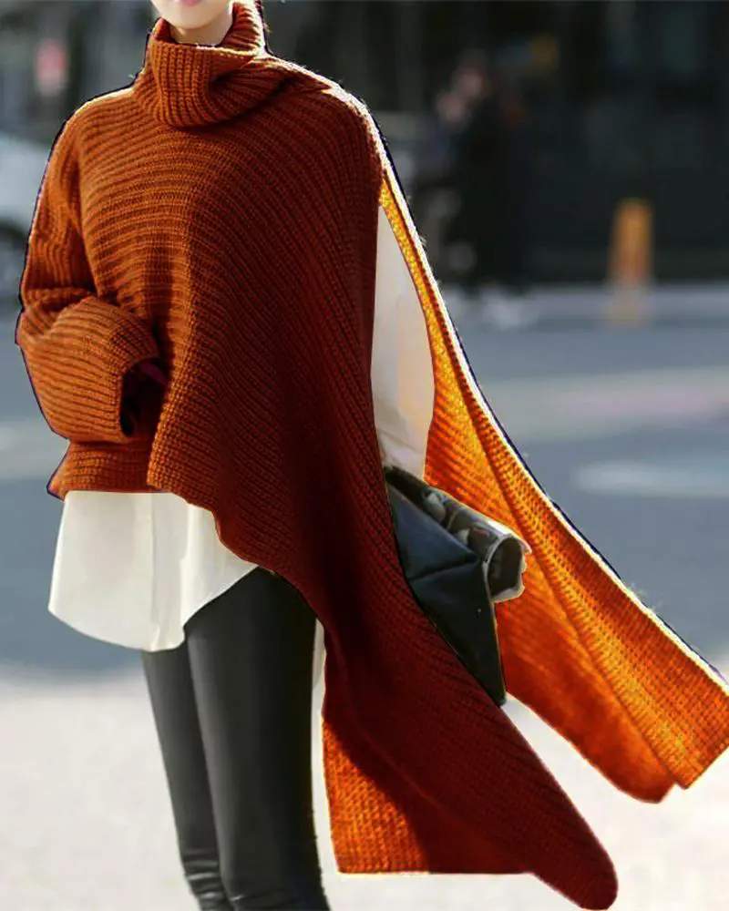 Brown Asymmetrical Turtleneck Chunky Sweater