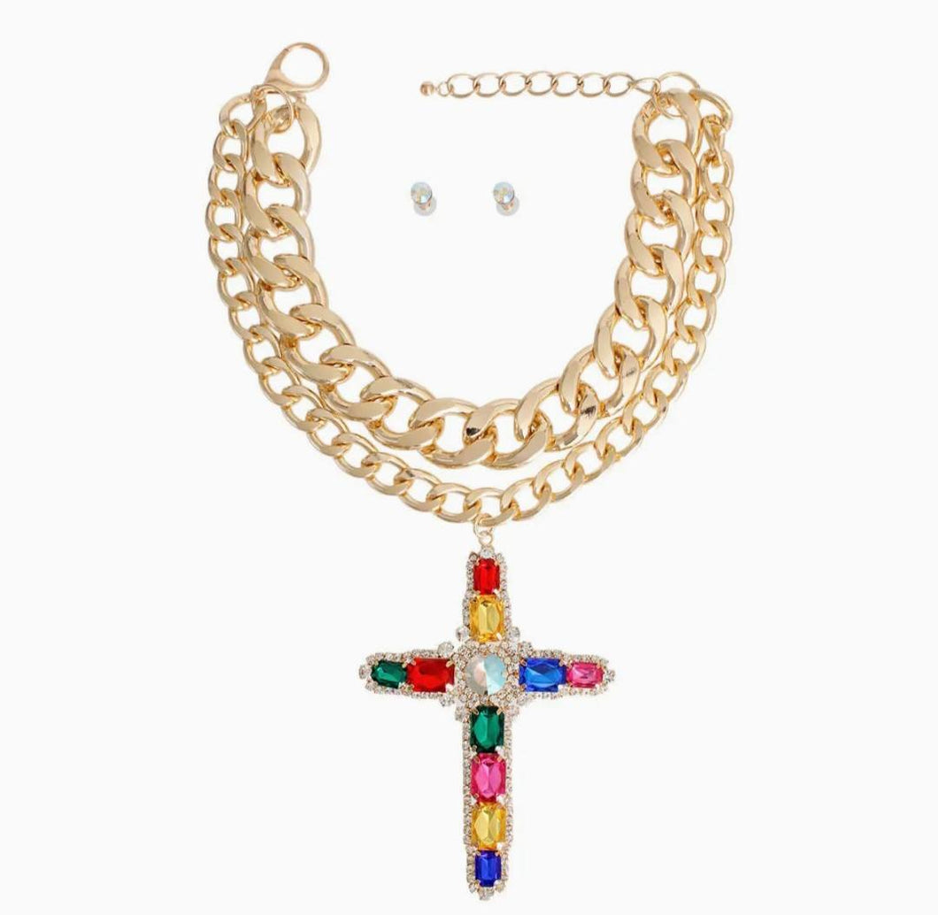 Chunky Gold Jumbo Cross Necklace Set