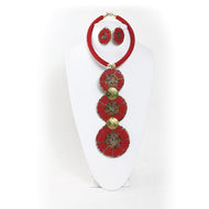 Beaded Circle-Drop Necklace Set (Red)